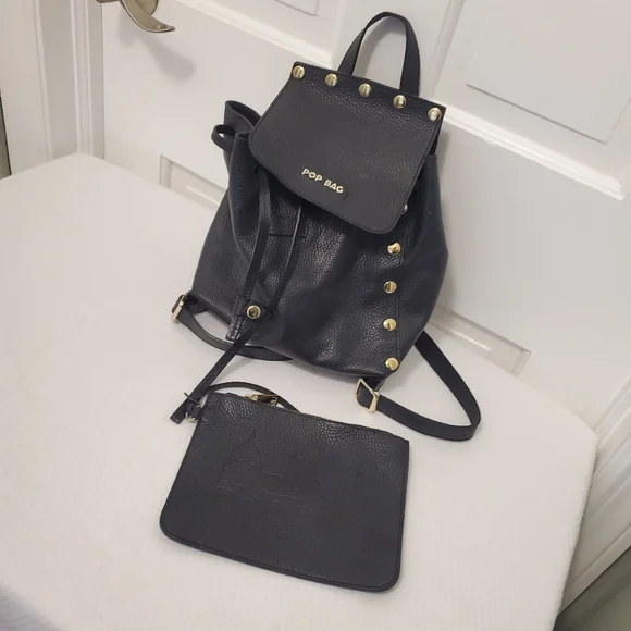 Pop BAG Black Pebble Grain Leather Backpack Top Handle Bag With Pouch - Picture 7 of 10